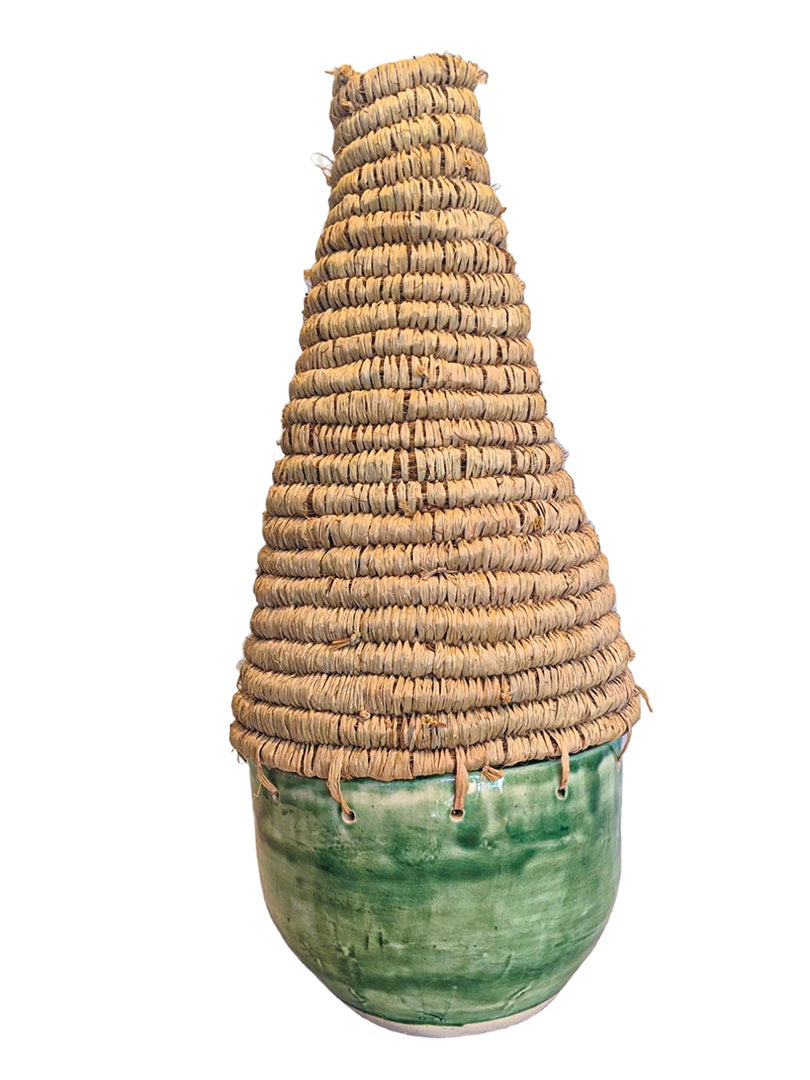 MONIQUE BURKHEAD | ‘Clay + Weave III’ | Ceramic green glaze / natural raffia