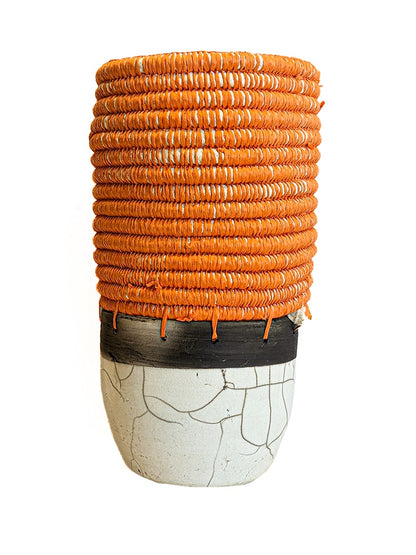 MONIQUE BURKHEAD | ‘Raku + Weave’ IV | Raku ceramic glaze / orange raffia