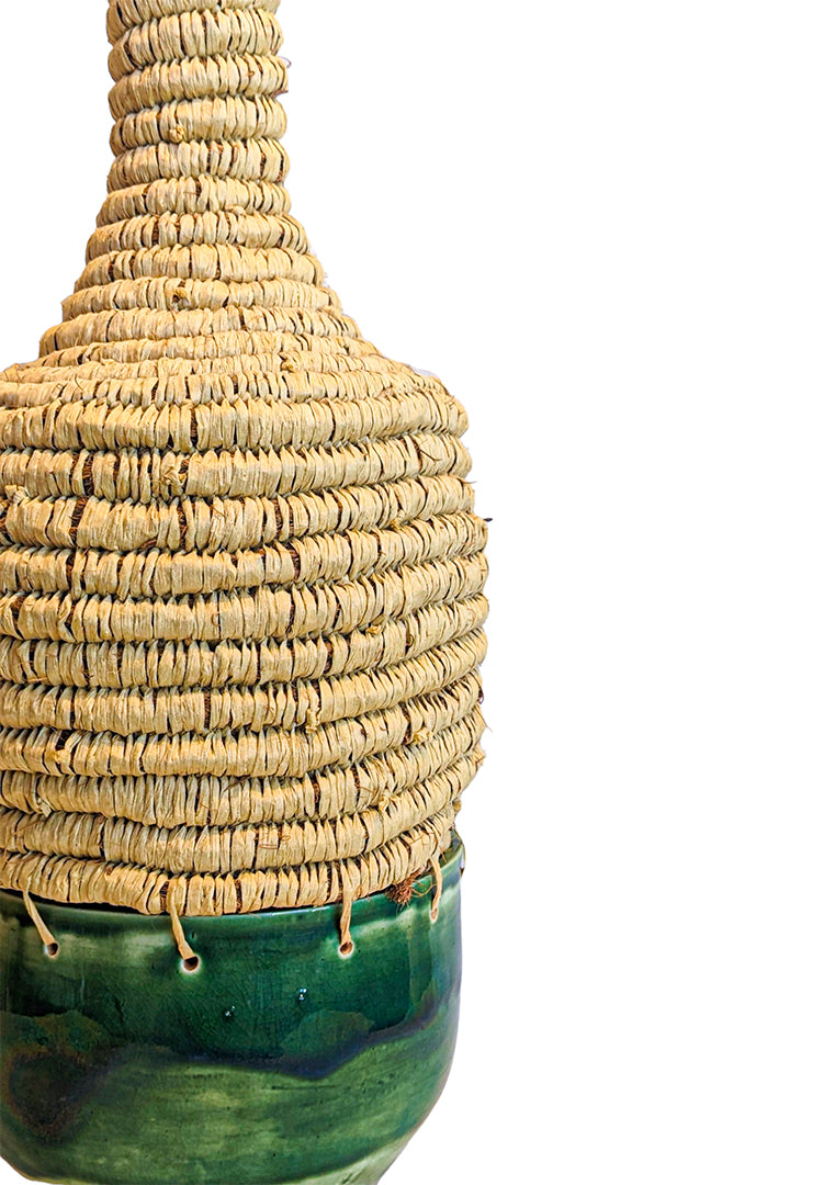MONIQUE BURKHEAD | ‘Clay + Weave V’ | Ceramic green glaze / natural raffia