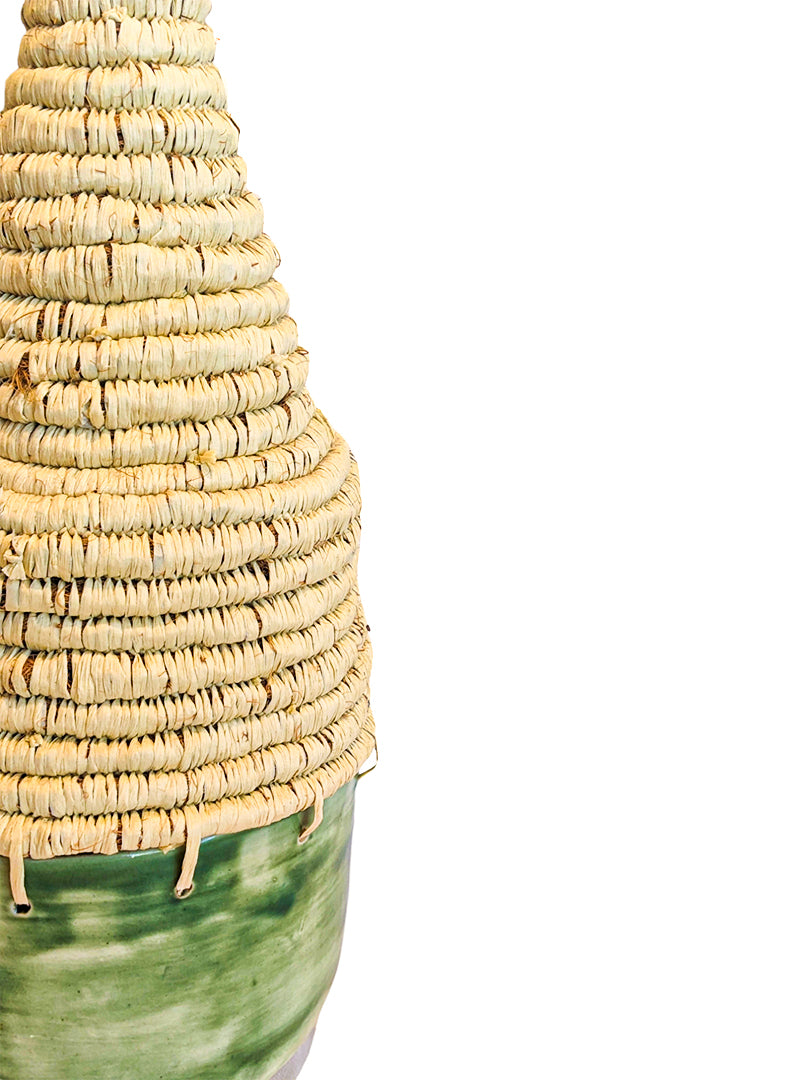MONIQUE BURKHEAD | ‘Clay + Weave VI’ | Ceramic green glaze / natural raffia