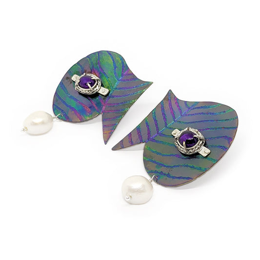 MALKI STUDIO | ‘Nautilus’ Earrings | titanium / sterling silver / fine silver / Brazilian amethysts / freshwater pearls