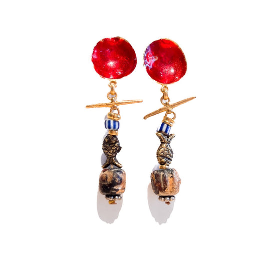 ARTIZ | ‘Red enamel cups + Little Fish earrings' | Bronze beads / enamel / stones