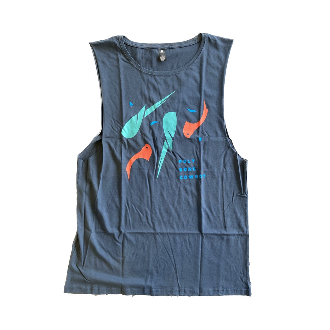 POLY GONE COWBOY | ‘Deconstructed Parrot’ Singlet | blue / grey