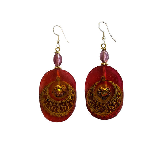 PAUL LESTER | 'Red Filigree Diamante Heart Earrings' | Mixed media / epoxy resin