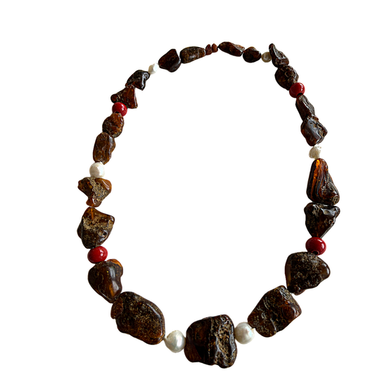 PEARL AND SALTY PLUM | ‘Raw Amber Necklace’ | Mixed Media Necklace
