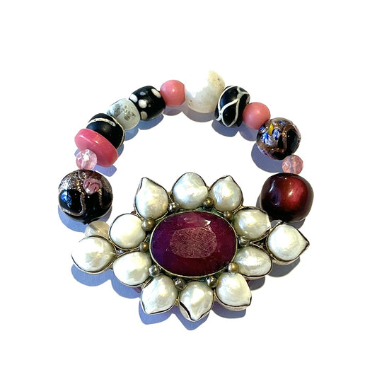 PEARL AND SALTY PLUM | 'Ruby' | Mixed media bracelet