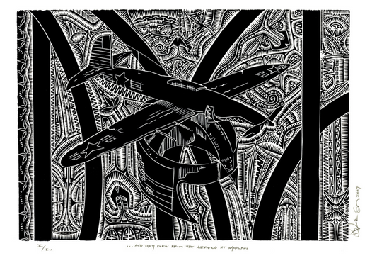 BRIAN ROBINSON | 'And they flew from the airfield at Ngurupai' | Linocut Print