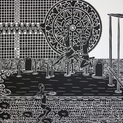 TOMMY PAU | 'Swimming at Tamwoy Wharf' | Linocut