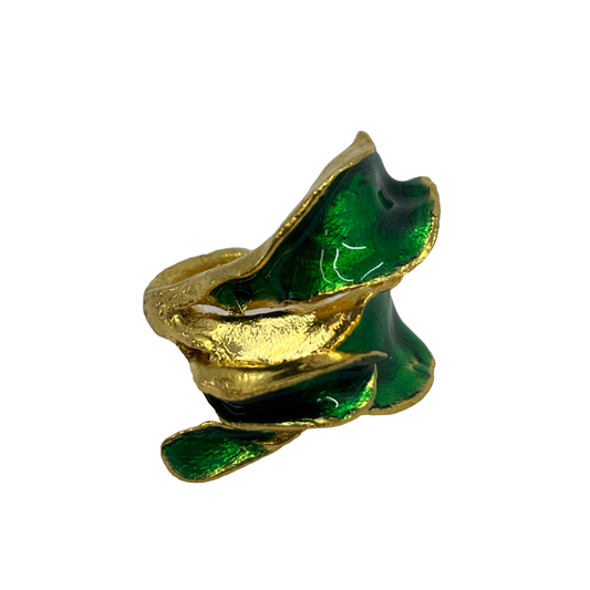 ARTIZ | 'Green Enamel Leaf Ring' (large) | Gold plated bronze