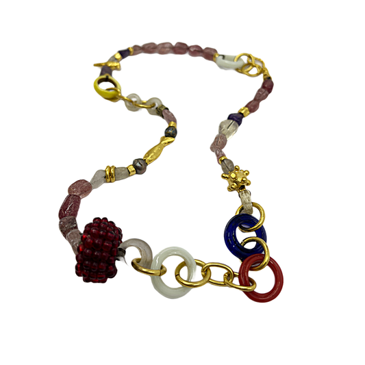 ARTIZ | 'Hand-stitched Red Bead Necklace' | Gold plated bronze fish + bird / pink quartz / assorted glass beads