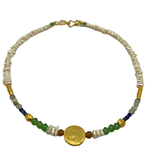 ARTIZ | 'Gold medallion Necklace' (1) | Pearl / rutile quartz / antique green glass / gold plated bronze