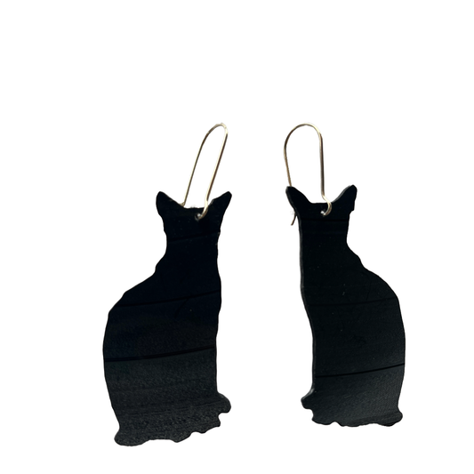BARBARA DOVER | ‘Sitting Short-haired cat earrings (1)’ | Hand-cut vinyl records + sterling silver