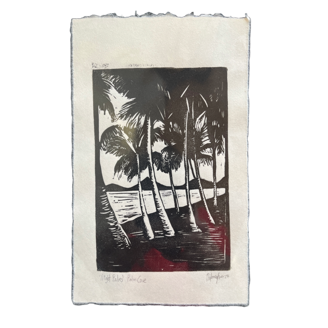 LITTLE GREEN BICYCLE | ‘Night Palms’ | Block print on Japanese paper (cream)