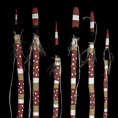 HEATHER KOOWOOTHA | 'Yuk Yaumen - Digging Stick Installation' | Timber / feathers / acrylic paints / ochres