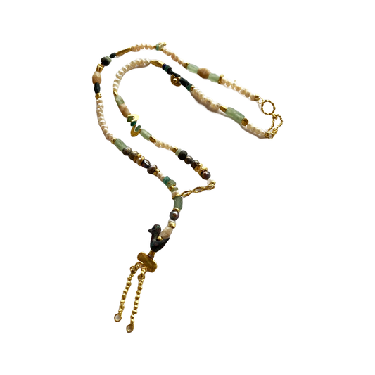 ARTIZ | 'Bird necklace' | Pearl / bronze gold plated pieces / grey pearls / jade