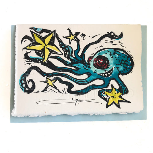 JANE DENNIS | 'Blue Ringed Star' | Gift Card | Hand - coloured linocut